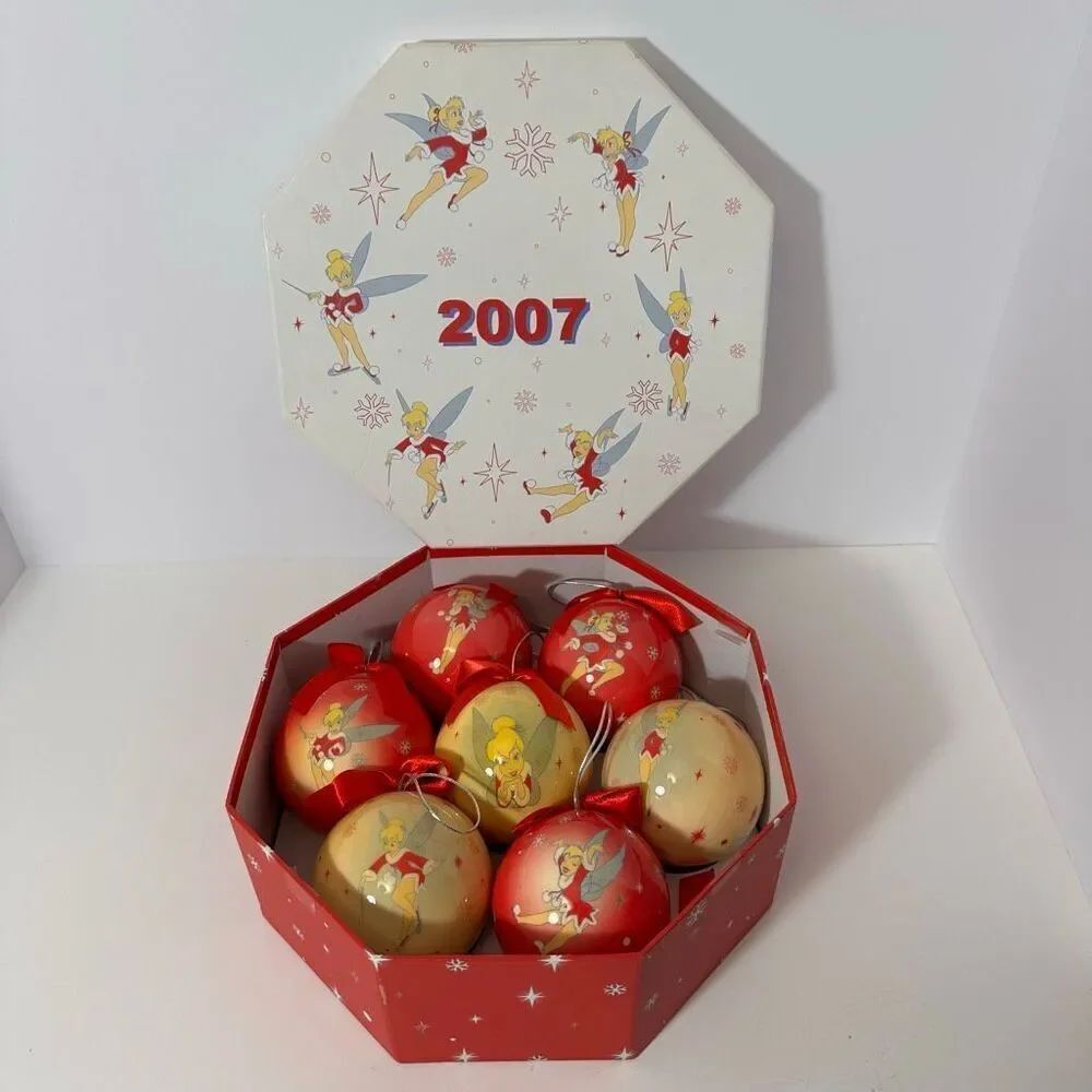 Disney Store 2007 Tinker Bell Christmas hanging Ball Ornament Set Of 7 Red Yello